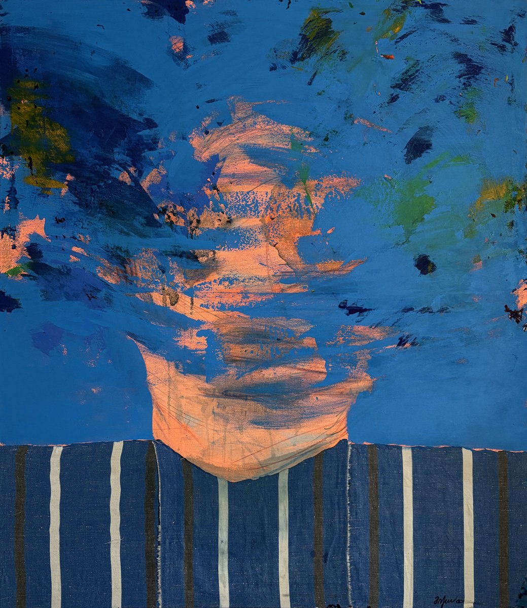 Abstract Portrait Painting By Gela Mikava, 44 X 51, Blue Abstraction, Original Artwork