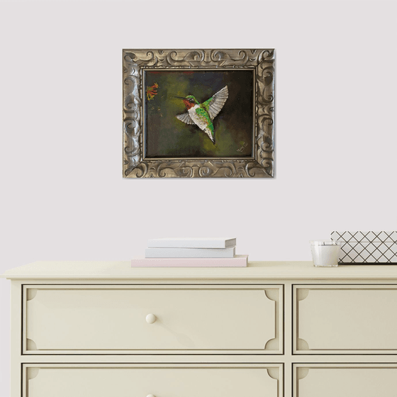 Gorgeous ruby throat hummingbird original oil painting 8x10 fully framed