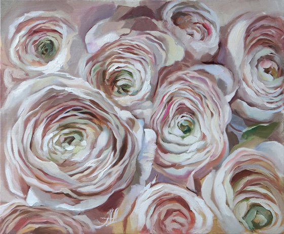 Anemones oil painting, White flowers art