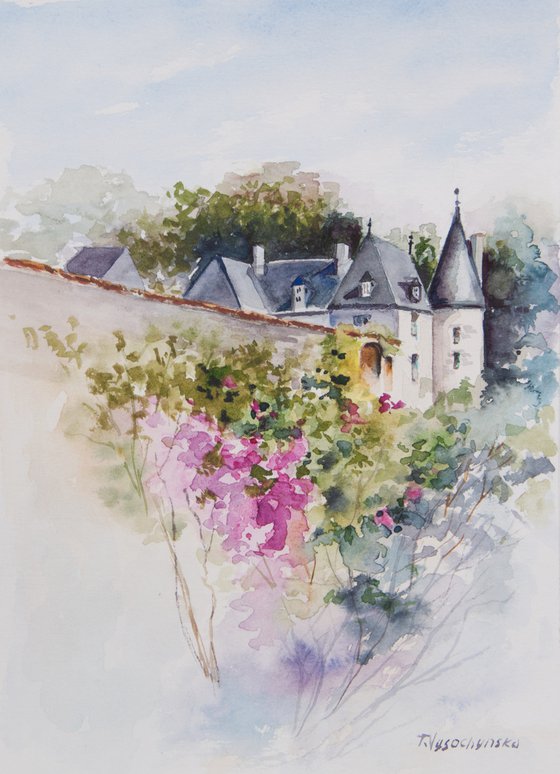 Castle in France. Watercolor painting. 7 x 9in.