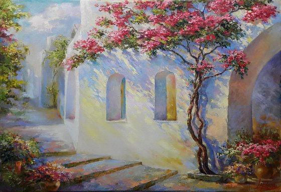 Oil painting Sunny bystreet Greece - mediterranean cityscape, old city