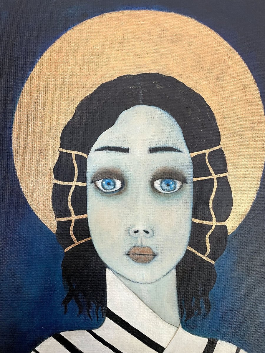 Expressive Portrait Acrylic Painting By Eleanor Gabriel, 19 X 23, The Blue Christ, Original Artwork