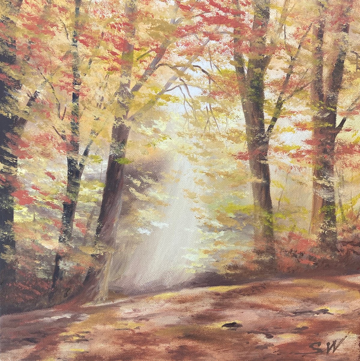 Impressionistic Landscape Oil Painting By Silvie Wright, 12 X 12", Autumn Leaves, Original Artwork