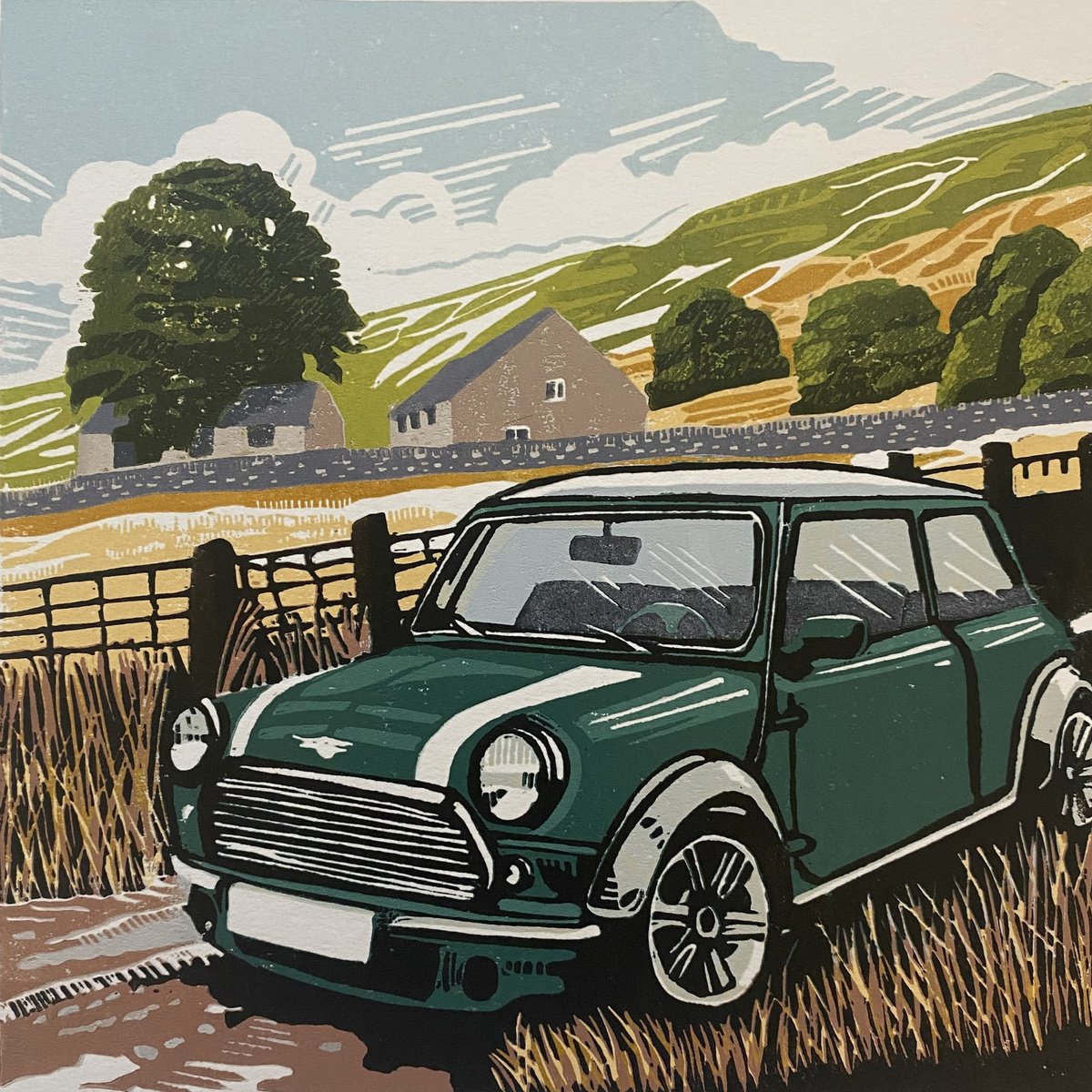 Impressionistic Transport Linocut By Joanne Spencer, 8 X 8, A Mini Adventure, Original Artwork