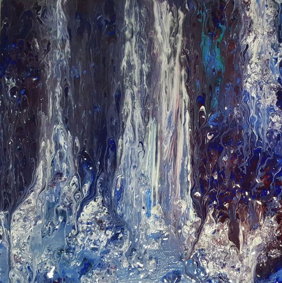 Waterfall - small abstract painting on stretched canvas, ready to hang, unique frothing technique 20x20 cm