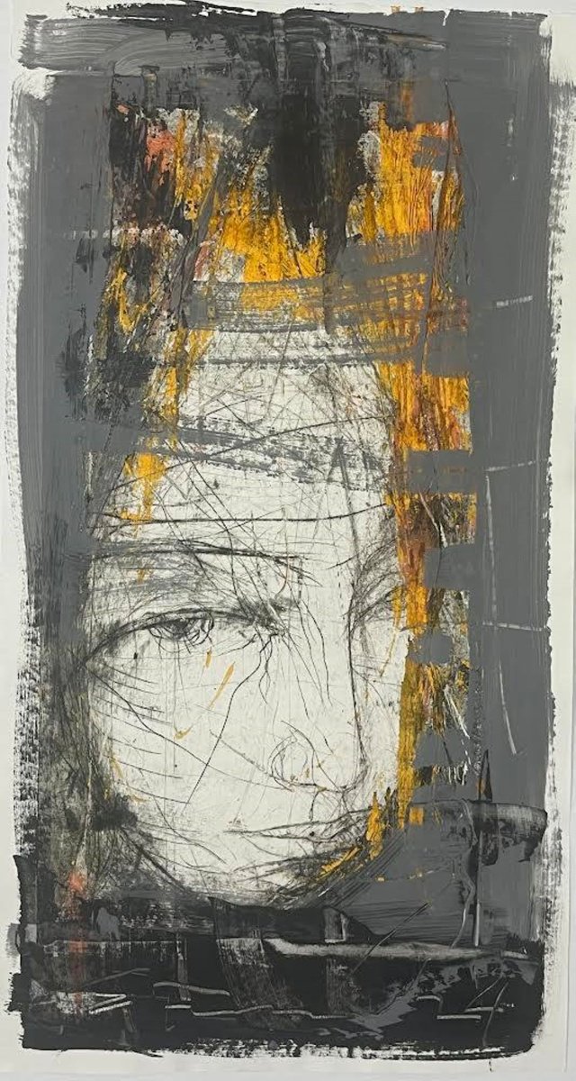 Expressive Portrait Ink Drawing By Eduard Belsky, 16 X 31, Image, Original Artwork