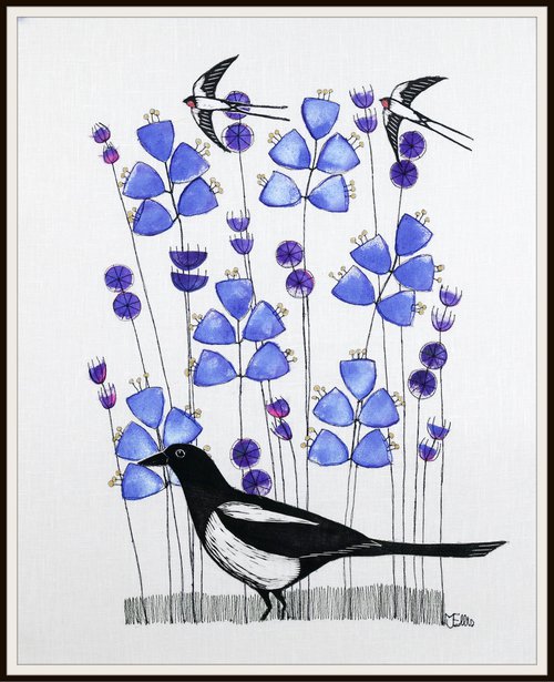 Magpie and Bluebells by Mariann Johansen-Ellis