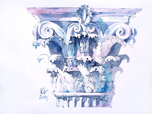 Modern architectural still life "The capital of an antique plaster column decorated with leaves and curls. A sketch in blue tones" original watercolor by Ksenia Selianko