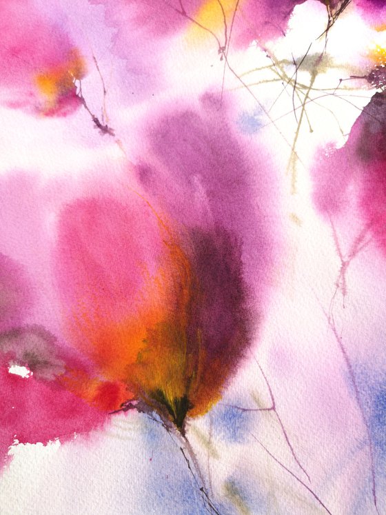 Purple abstract watercolor floral painting Fuchsia