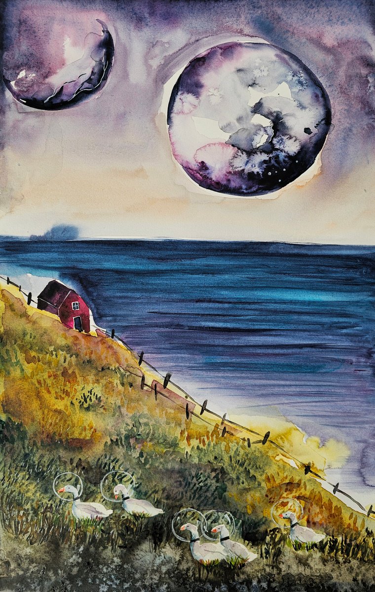 Surrealistic Landscape Watercolour By Evgenia Smirnova, 15 X 22, Space Gooses, Original Artwork
