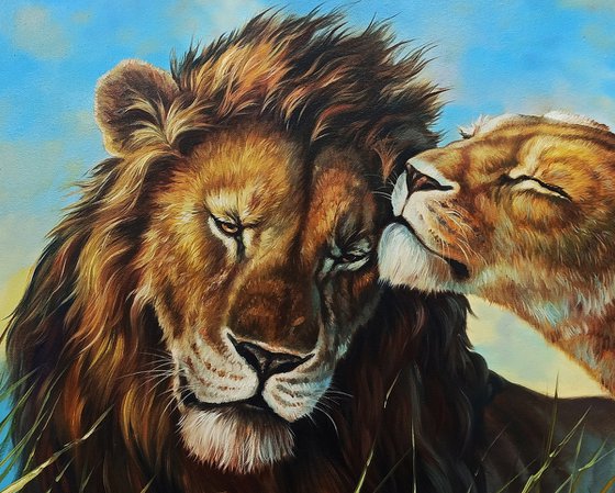 Lion's couple (70x100cm, oil painting, ready to hang)