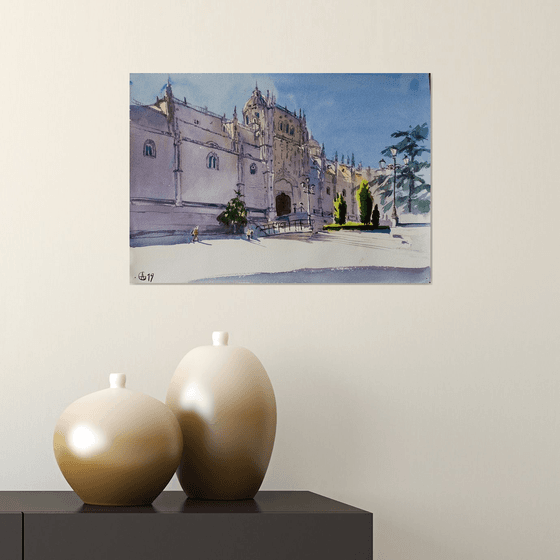 New Cathedral. Salamanca, Spain. Original watercolor. Small urban landscape city travel interior impressionistic mood shadow purple inspiration