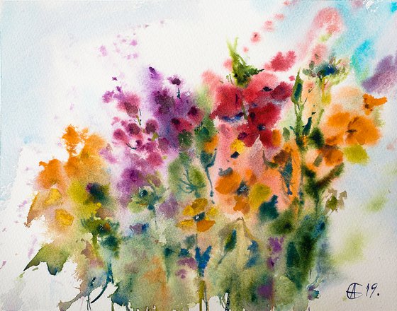 Flowers. ORIGINAL SMALL WATERCOLOR WARM flowers abstract bloom interior provence decor interior