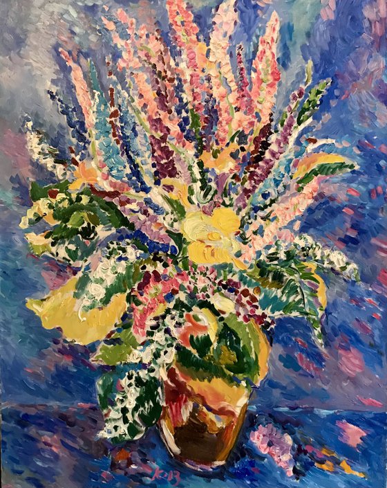 BOUQUET - floral still-life with summer flowers, original painting oil on canvas, Valentine's Day gift