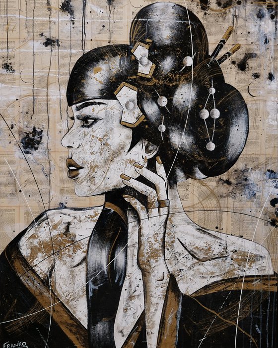 Golden Silk With Geisha 120cm x 150cm Geisha Book Page Urban Pop Art