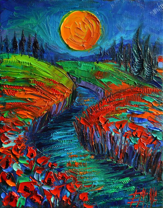 SUPERMOON AND POPPIES modern impressionist miniature palette knife oil painting on canvas