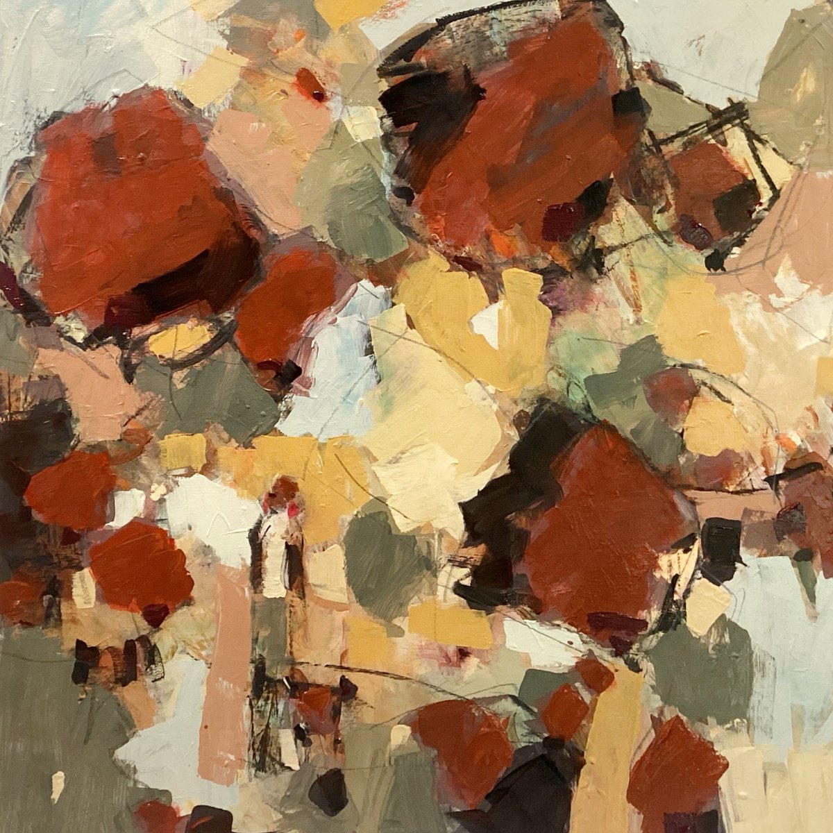 Expressive Landscape Painting By Irene Wilkes, 24 X 24, Autumn: Walking The Dogs, Original Artwork