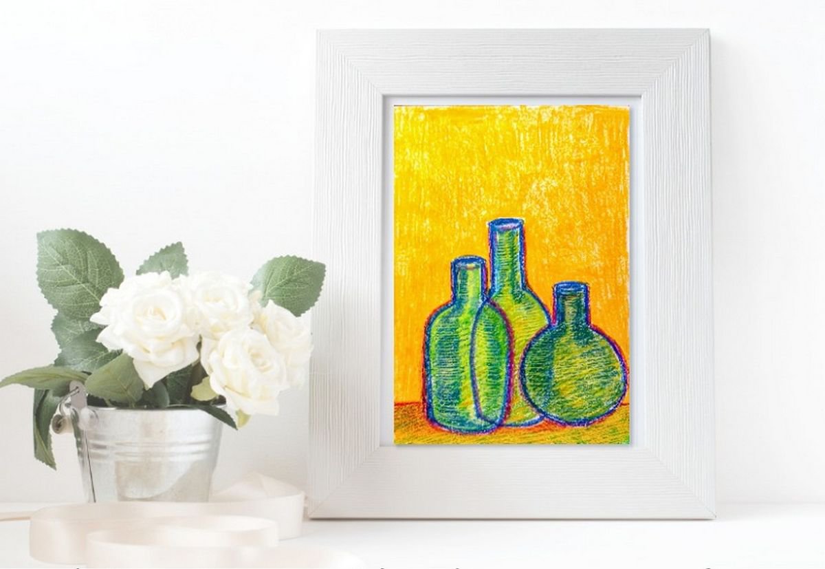 Green Bottles Still Life oil pastel painting- 11.75x 8.3 by Asha Shenoy
