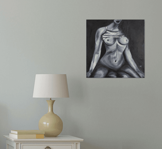 Desire, black and white erotic nude girl oil painting, gift art, bedroom painting