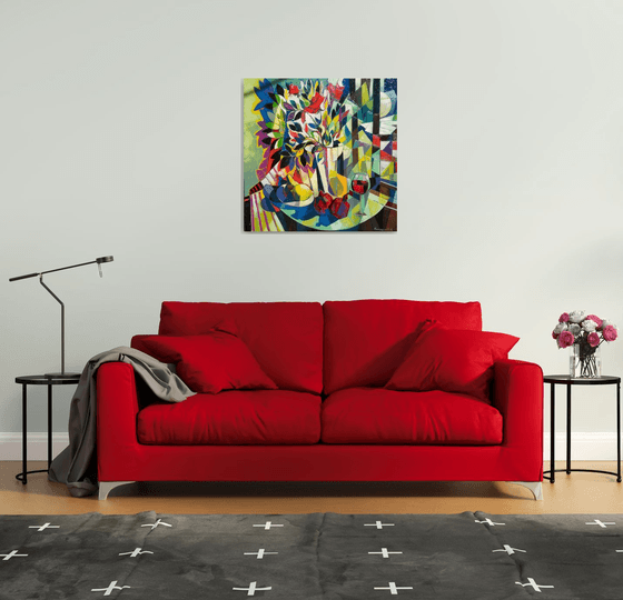 Still life with wine and pomegranates (80x80cm, cubism, oil painting, ready to hang)