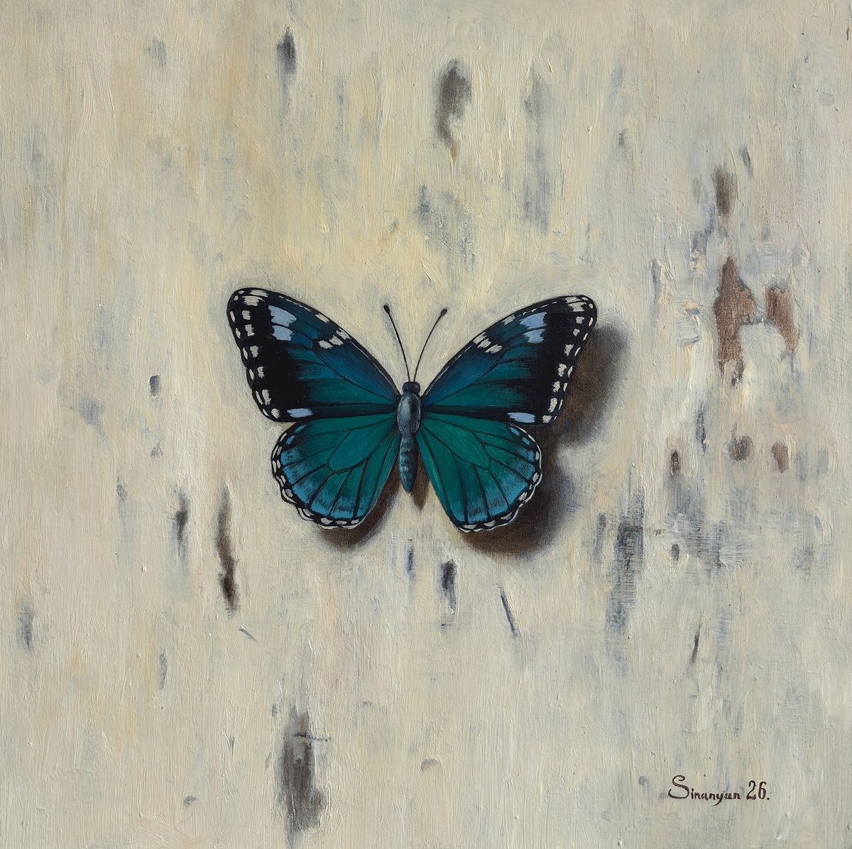 Photorealistic Oil Painting , The Teal Butterfly By Gevorg Sinanian, 12 X 12, Artwork For Sale On Artfinder