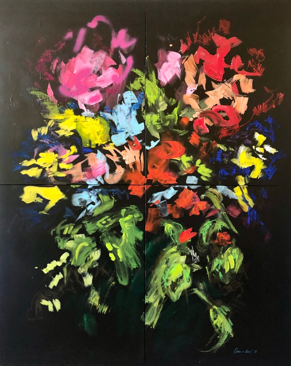 Expressive Botanical Acrylic Painting By Nicole Leidenfrost, 63 X 79", Blumen - Quartett/Flowers - Quartet, Original Artwork