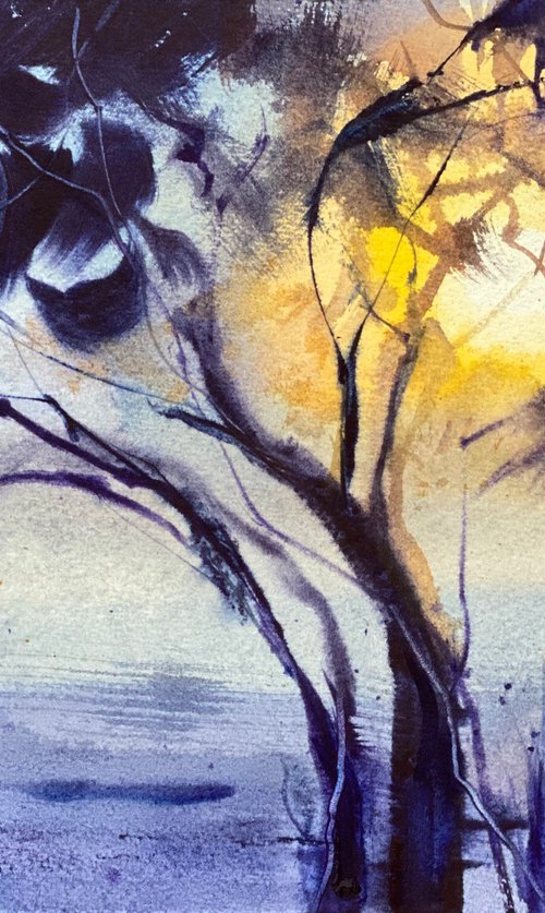 Olive trees at sunset - watercolor sketch by Anna Boginskaia