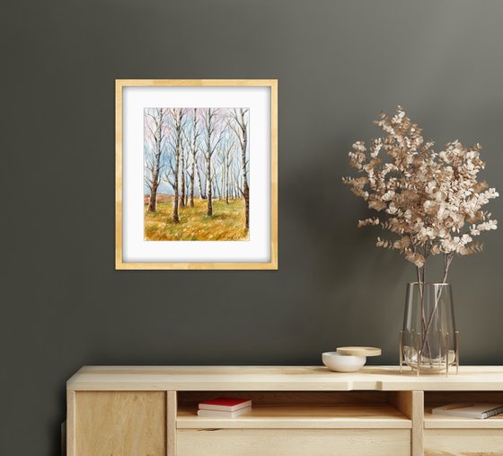 Autumn in a birch grove. Original watercolor artwork.