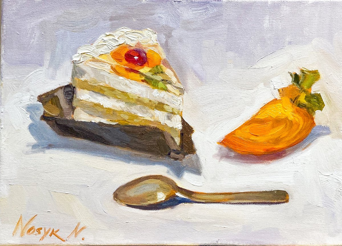 Cake and Persimmon | original oil artwork by Nataliia Nosyk