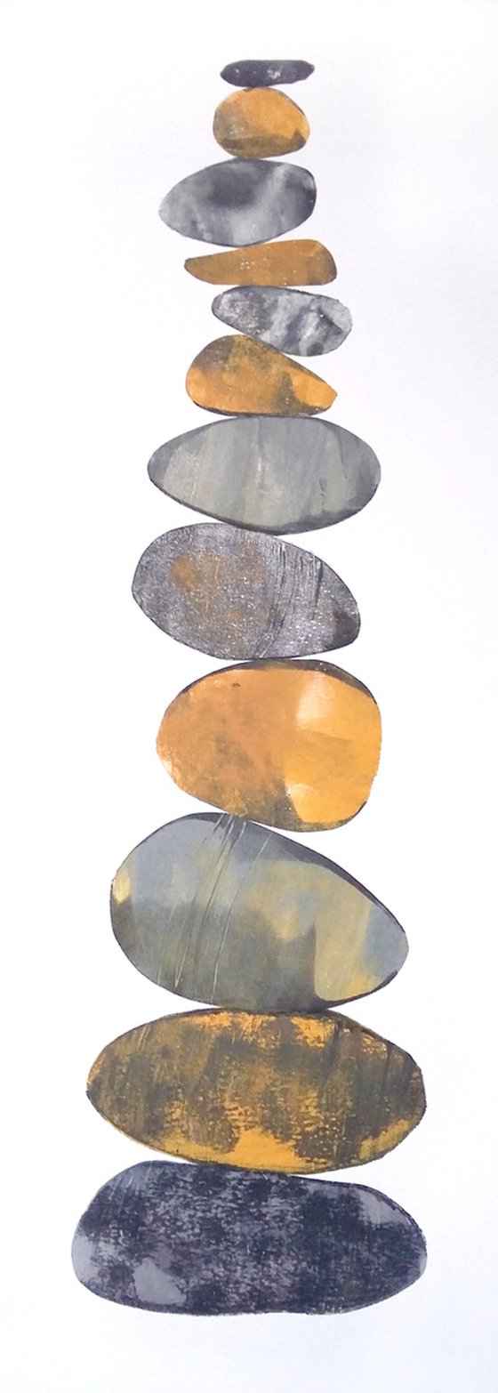 Zen stones - Twelve stones #12  ( banded balancing stones lino/monoprint)