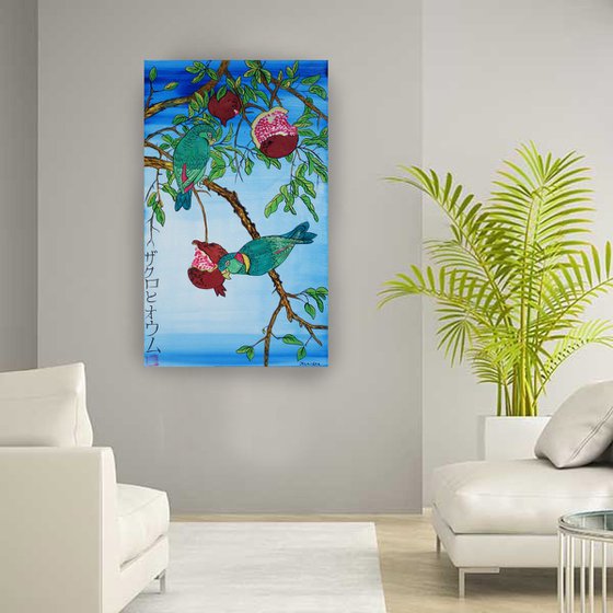 pomegranate and parrots Japan Hieroglyph original artwork in japanese style J102 ready to hang painting acrylic on stretched canvas wall art