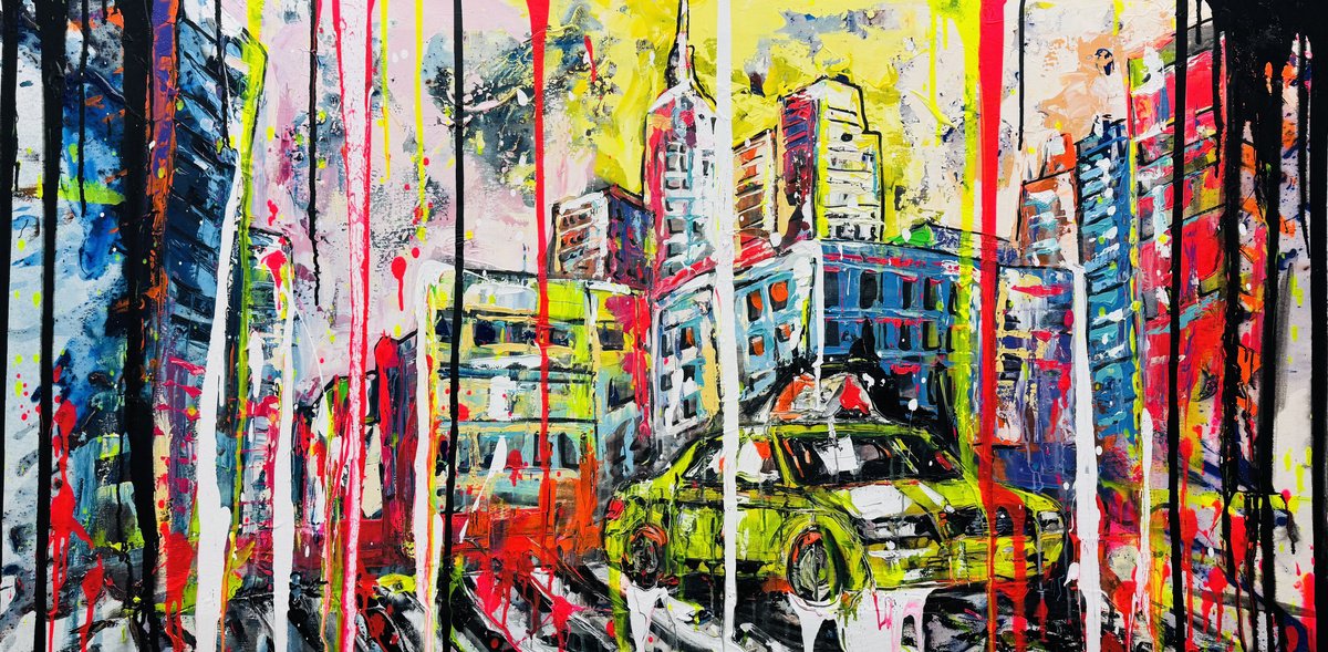 Urban And Pop Cityscapes Acrylic Painting By Antoni Dragan, 79 X 39, New York Pulse, Original Artwork