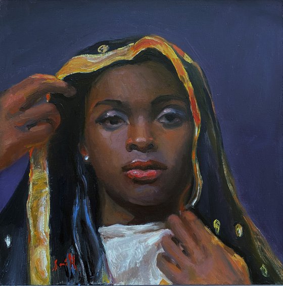 Young Black Woman oil portrait with frame.