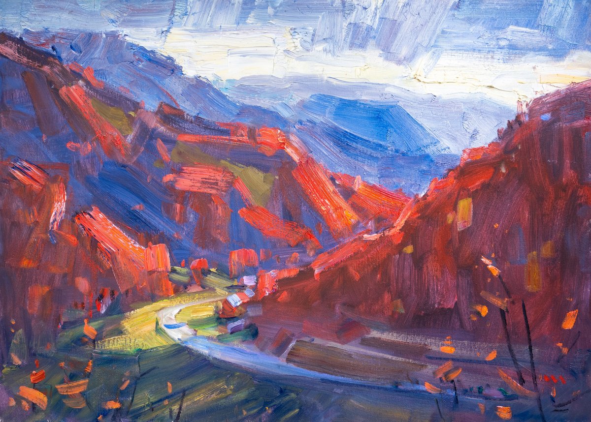 Impressionistic Landscape Oil Painting By Vasyl Moldavchuk, 28 X 20", Red Autumn, Original Artwork