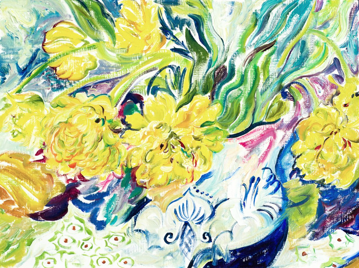 Impressionistic Botanical Oil Painting By Daria Galinski, 16 X 12, Yellow Tulips In A Vase, Original Artwork