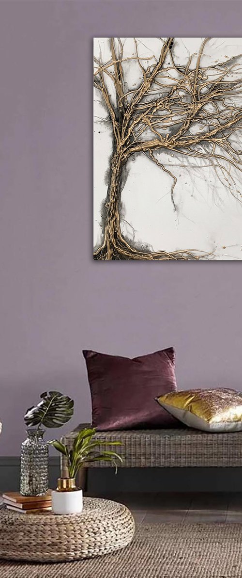 Gold Grey Contemporary Back White Large Tree by Carol Wood