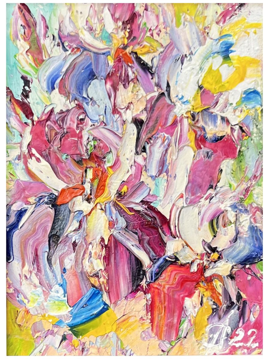 Abstract Botanical Oil Painting By Svitlana Andriichenko, 7 X 9", Irises Are Delighted, Original Artwork