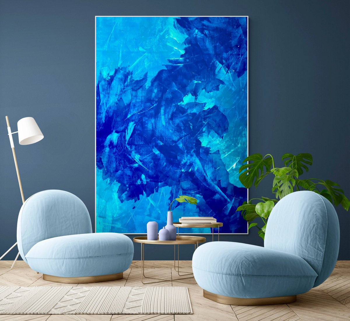 Abstract Acrylic Painting By Anita Kaufmann, 55 X 79, Beyond The Blue Sea No. 3424, Original Artwork