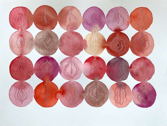 Hidden beauty. Watercolor abstract illustration with vulvas.