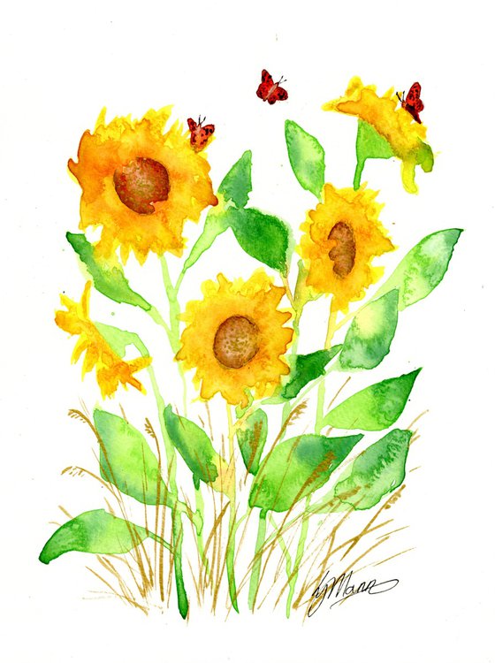 Sunflowers and Red Butterflies