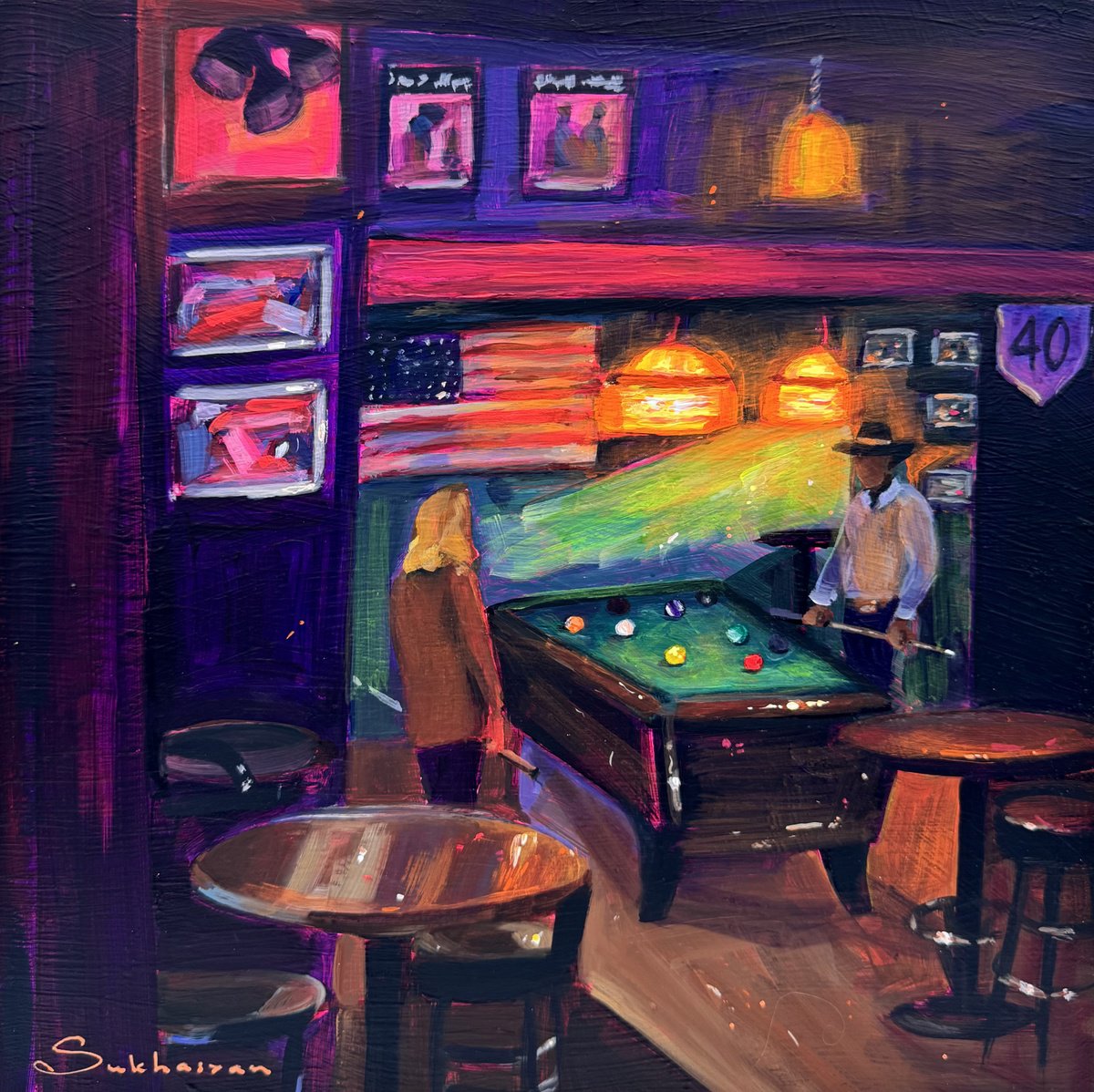 Impressionistic Portrait Acrylic Painting By Victoria Sukhasyan, 10 X 10", Bar Scene, Original Artwork