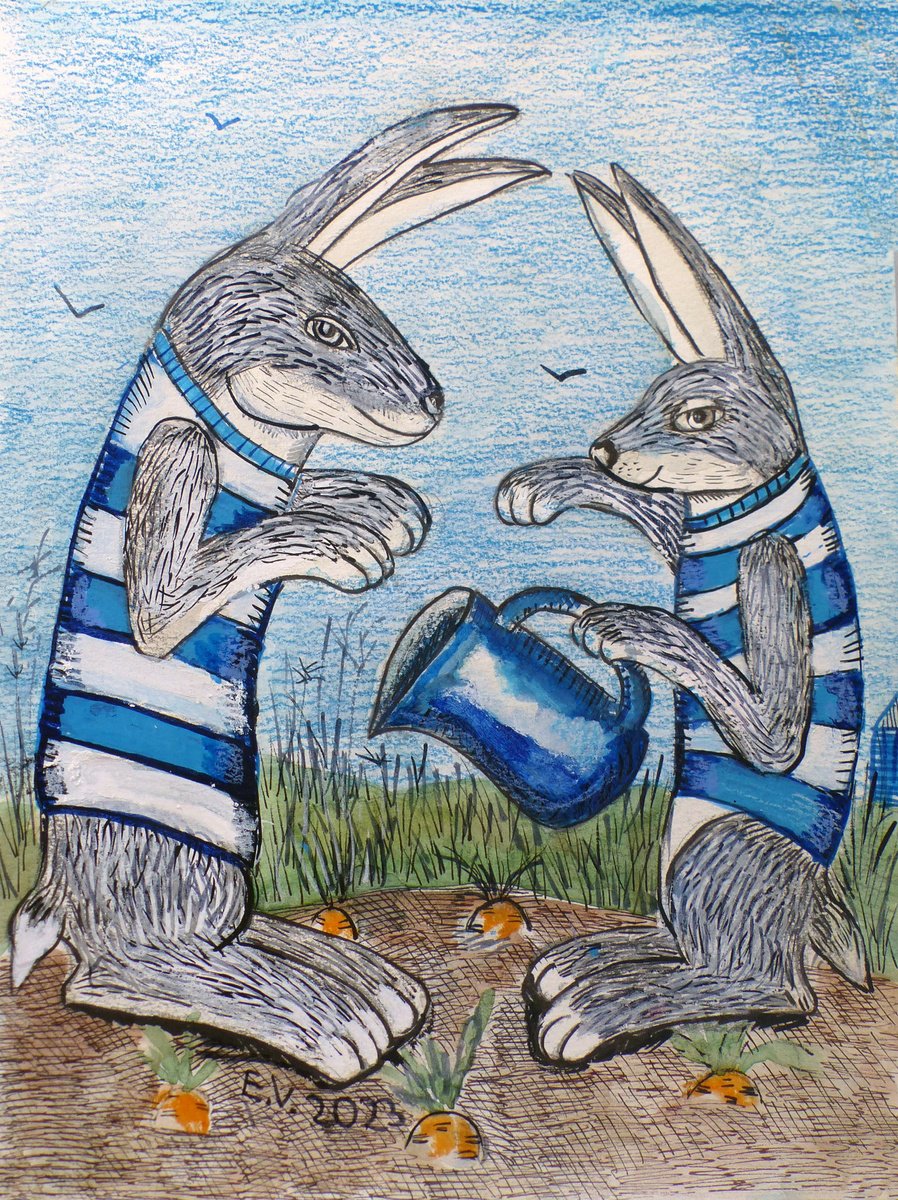 Illustrative Animal Painting By Elizabeth Vlasova, 9 X 12, Bunnies In The Garden, Original Artwork