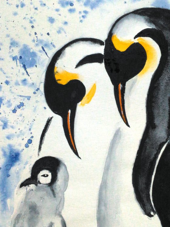 Penguin Painting Animal Original Art Wildlife Watercolor Artwork Baby Penguin Family Home Wall Art 8 by 12" by Halyna Kirichenko