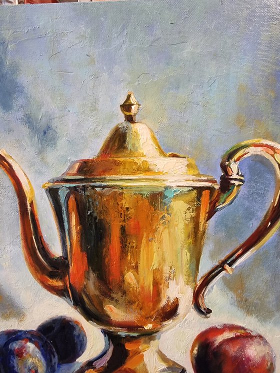 "Teapot and plums. "   still life  liGHt original painting  GIFT (2022)