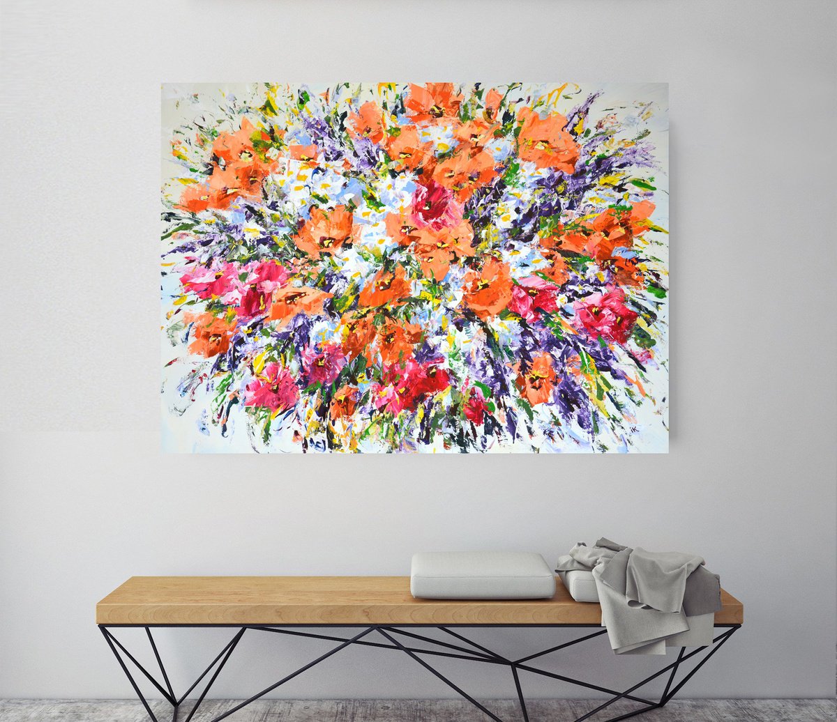 Expressive Botanical Acrylic Painting By Iryna Kastsova, 55 X 39, Flowers. Flowers., Original Artwork