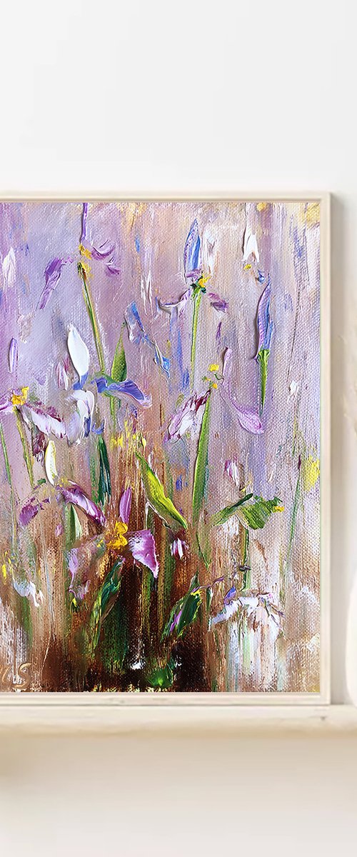 IRIS MOOD №3 - Set art. Irises. Flowers. Gift. Lilac color. Bouquet. Garden. Garden flowers. Field irises. Mini-art. Fast painting. The best solution. Gift painting. Postcard. Season. Holidays. by Marina Skromova