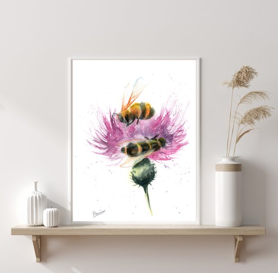 Bees and Thistle  -  Original Watercolor Painting