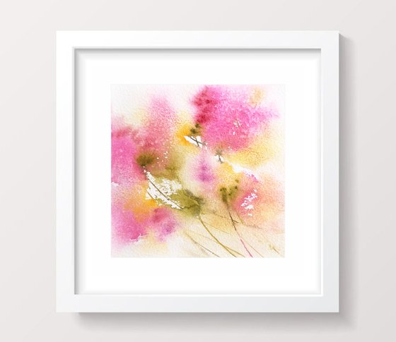Soft pink abstract flowers, small watercolor painting