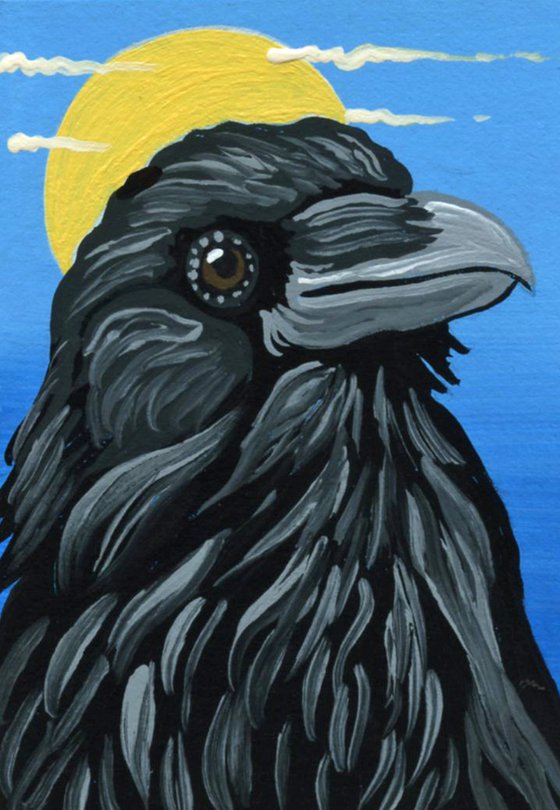 ACEO ATC Original Miniature Painting Crow Raven Bird Wildlife Art-Carla Smale