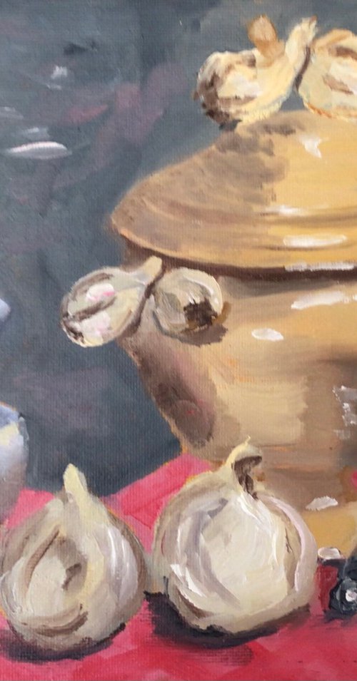 A garlic tureen, pestle and mortar and a press, oil painting. by Julian Lovegrove Art